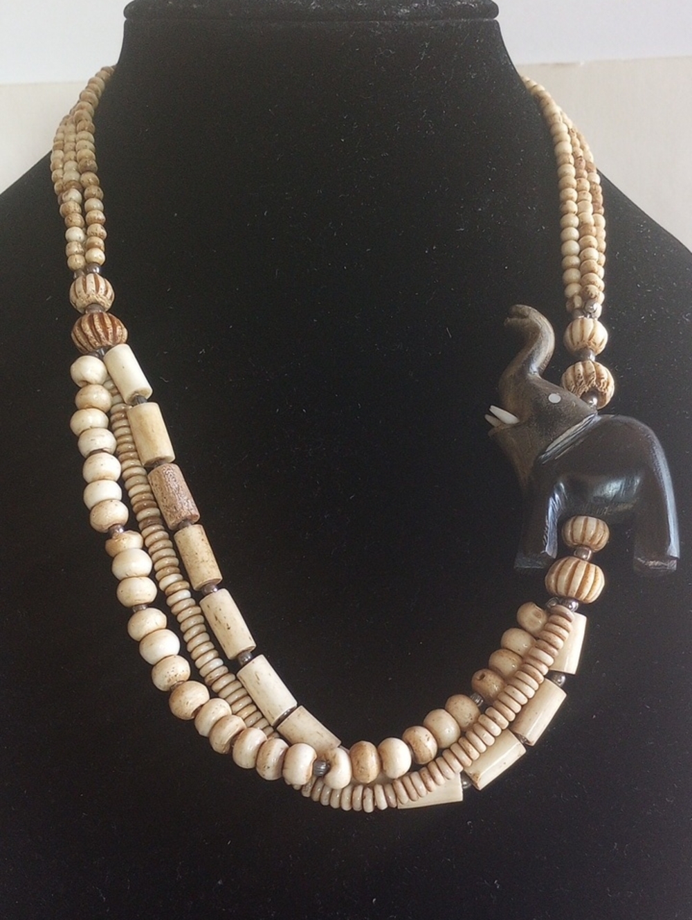 Vintage Hand Carved Ebony Wood Elephant Multi Strands Bovine Bone Necklace 22" L
